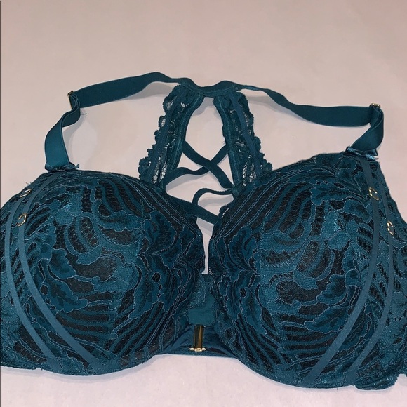 Cacique Boost Plunge Dark Teal Blue Lace Bra RacerBack Underwire Strappy 38DDD - Picture 11 of 11